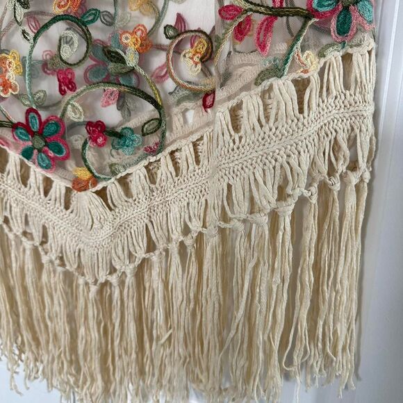 Asha Mesh Floral Embroidered Cover-Up — Cream Sheer Swim Beach Kimono - Picture 3 of 6